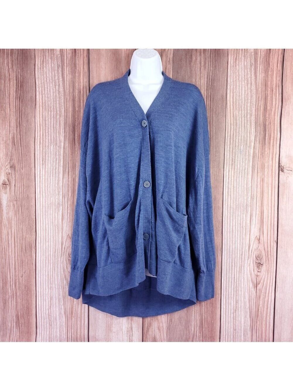 COS 100% Wool Oversized V-Neck Cardigan Blue Womens Large High-Low Pockets Knit
